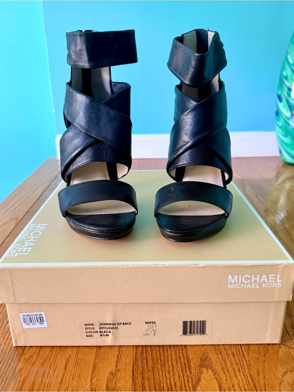 MICHAEL Michael Kors Black Leather Crisscross Ankle-Heel Sandals